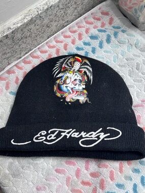 Ed Hardy Black Beanie with Multicolor Skull, Snake & Eagle Embroidery